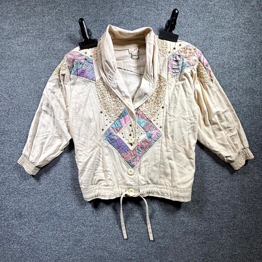 VTG Lim's Crochet Jacket Women One Size Beige Pastel Studded Cotton Shawl Collar